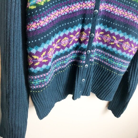 Norton Mcnaughton Fair Isle Retro Button Up Cardigan XL Blue Green Womens Collar - Picture 9 of 10